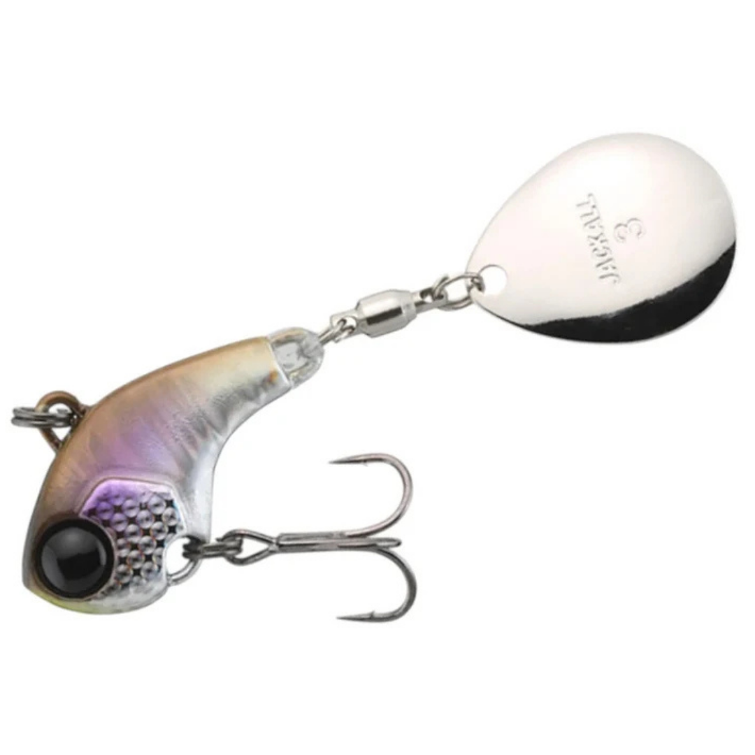 Jackall Deracoup fishing lure with realistic fish head design white spinning blade and treble hook for musky fishing tackle and freshwater anglers