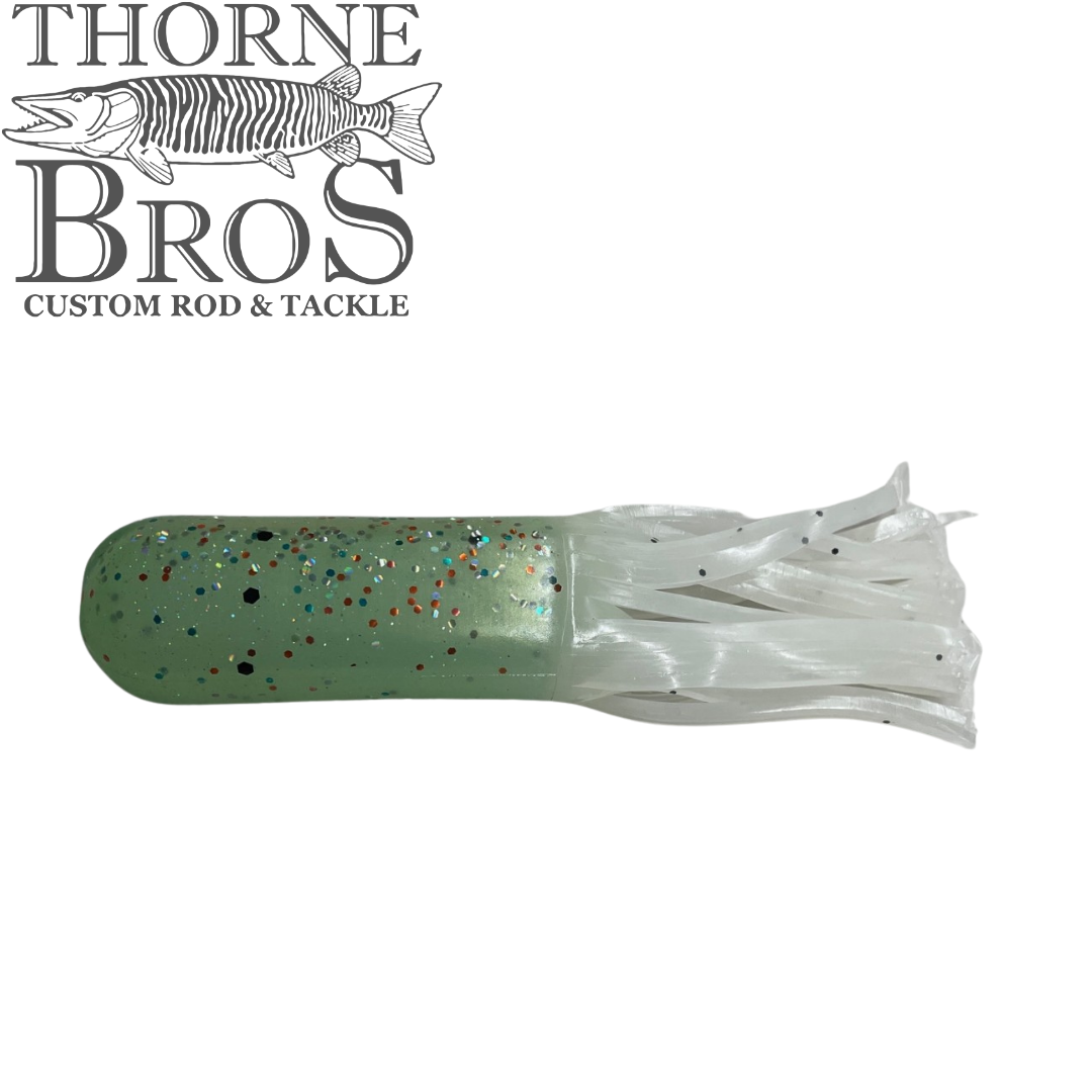 Red October Replacement Tubes - 7.5" (Tube Rig Sold Separately) green speckled fishing lure with a white flowing tail for musky fishing tackle