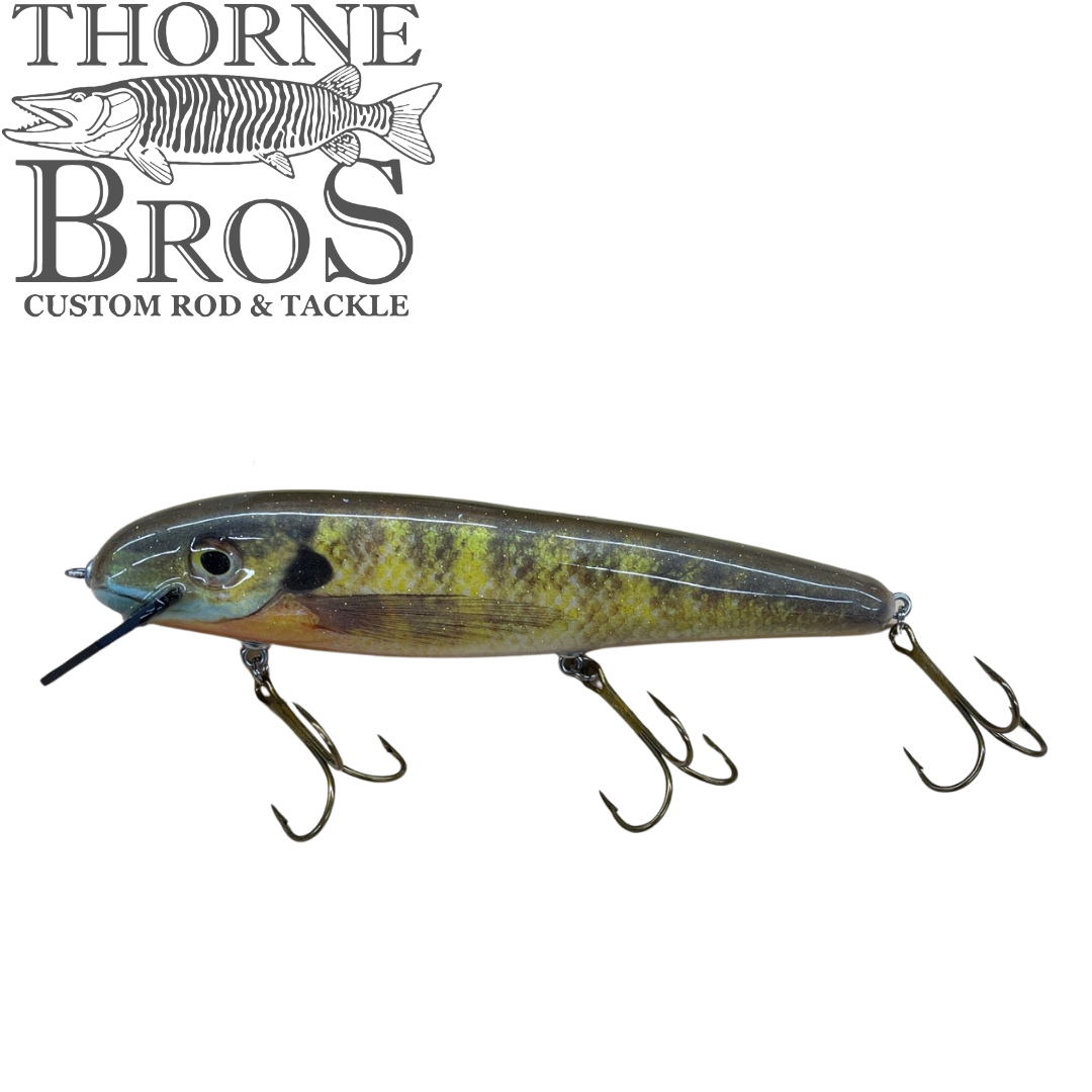 Phantom Hex 10" musky fishing lure with realistic fish pattern and three treble hooks beside the Thorne Bros Custom Rod and Tackle logo