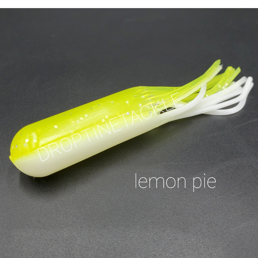 Drop Tine 4" Trout Tube - Fatty" fishing lure in lemon pie color with a soft, segmented body and multiple flexible appendages for attracting fish in freshwater fishing.
