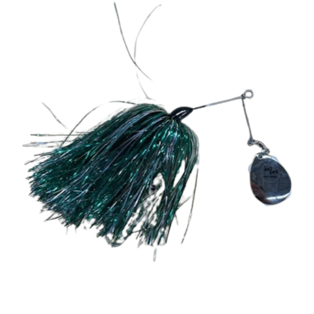 Ruff Tackle Rad Dog Lil' Dog Spinnerbait featuring a metallic blade and green-black skirt designed for fishing tackle use, ideal for targeting musky fish.