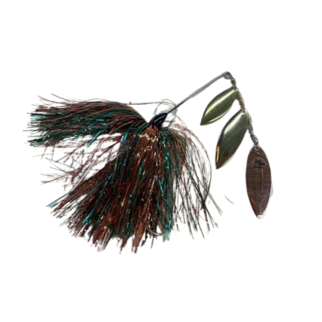 Ruff Tackle Rad Dog Triple Dog Spinnerbait fishing lure with metallic blades and a skirt of green and brown strands, designed for musky fishing tackle.