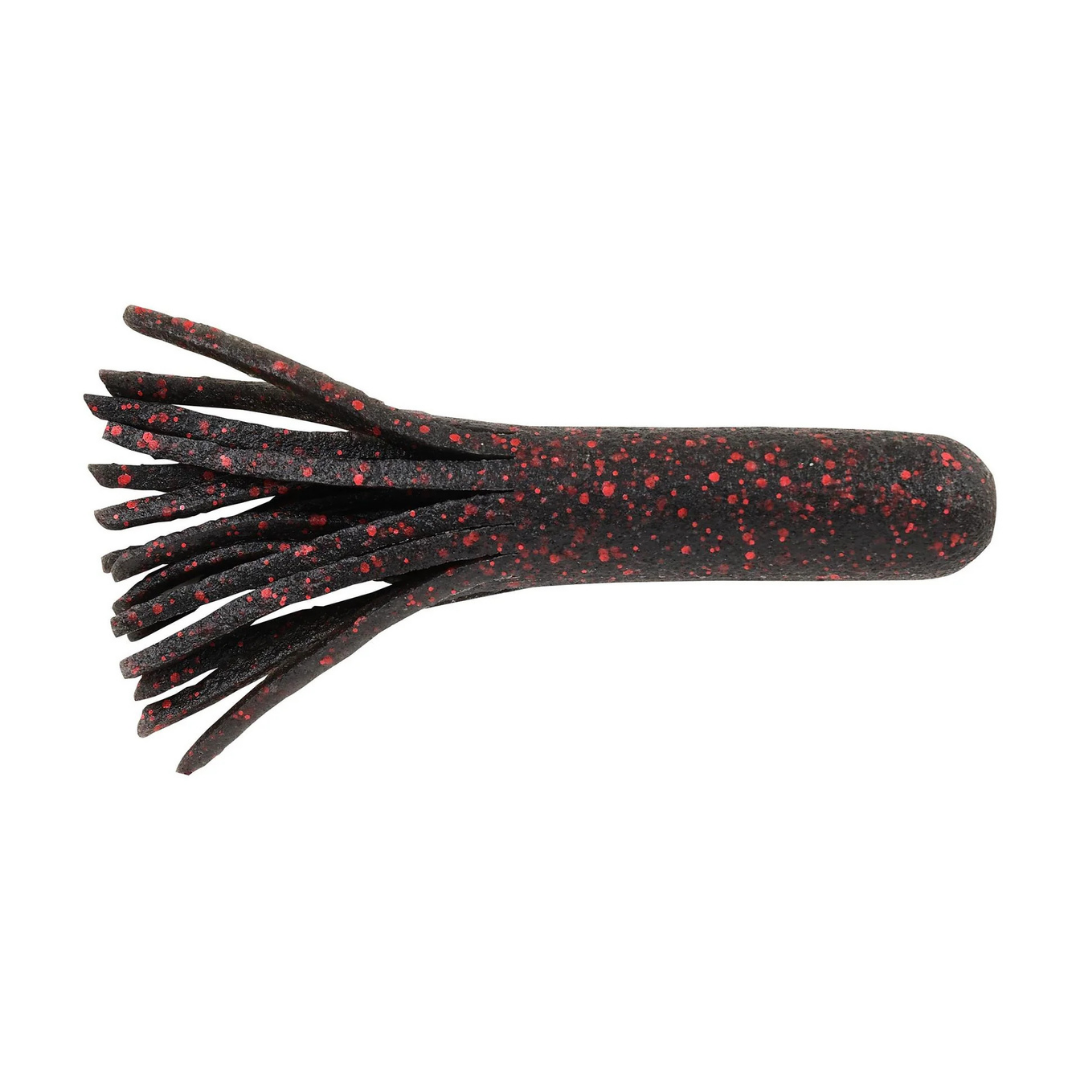 Berkley Powerbait MaxScent Tubes fishing lure in black with red speckles, featuring multiple soft flexible tentacles designed for attracting fish.