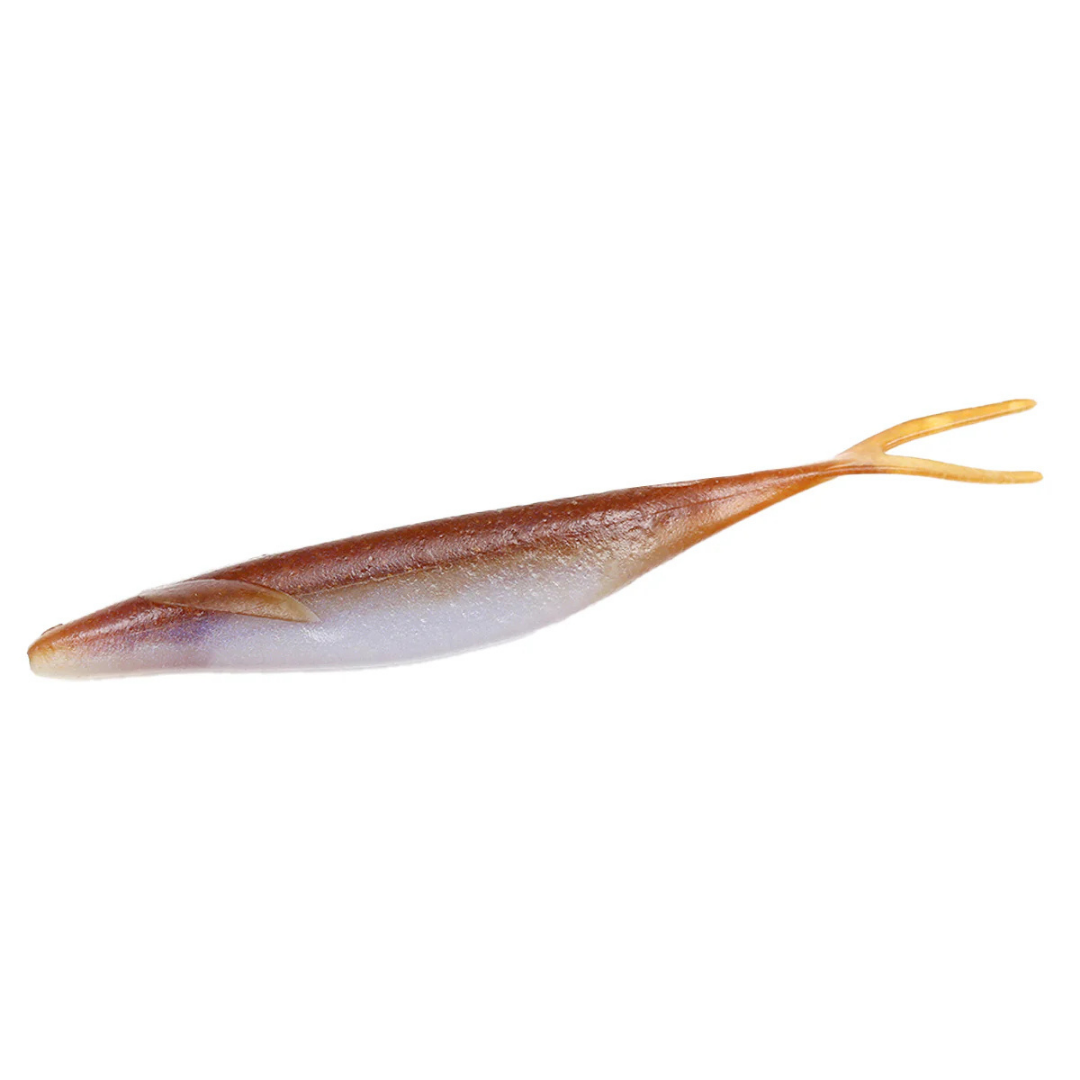 Deps Sakamata Shad 6" soft fishing lure in brown and white with a forked tail, designed for freshwater fishing tackle and musky fishing.