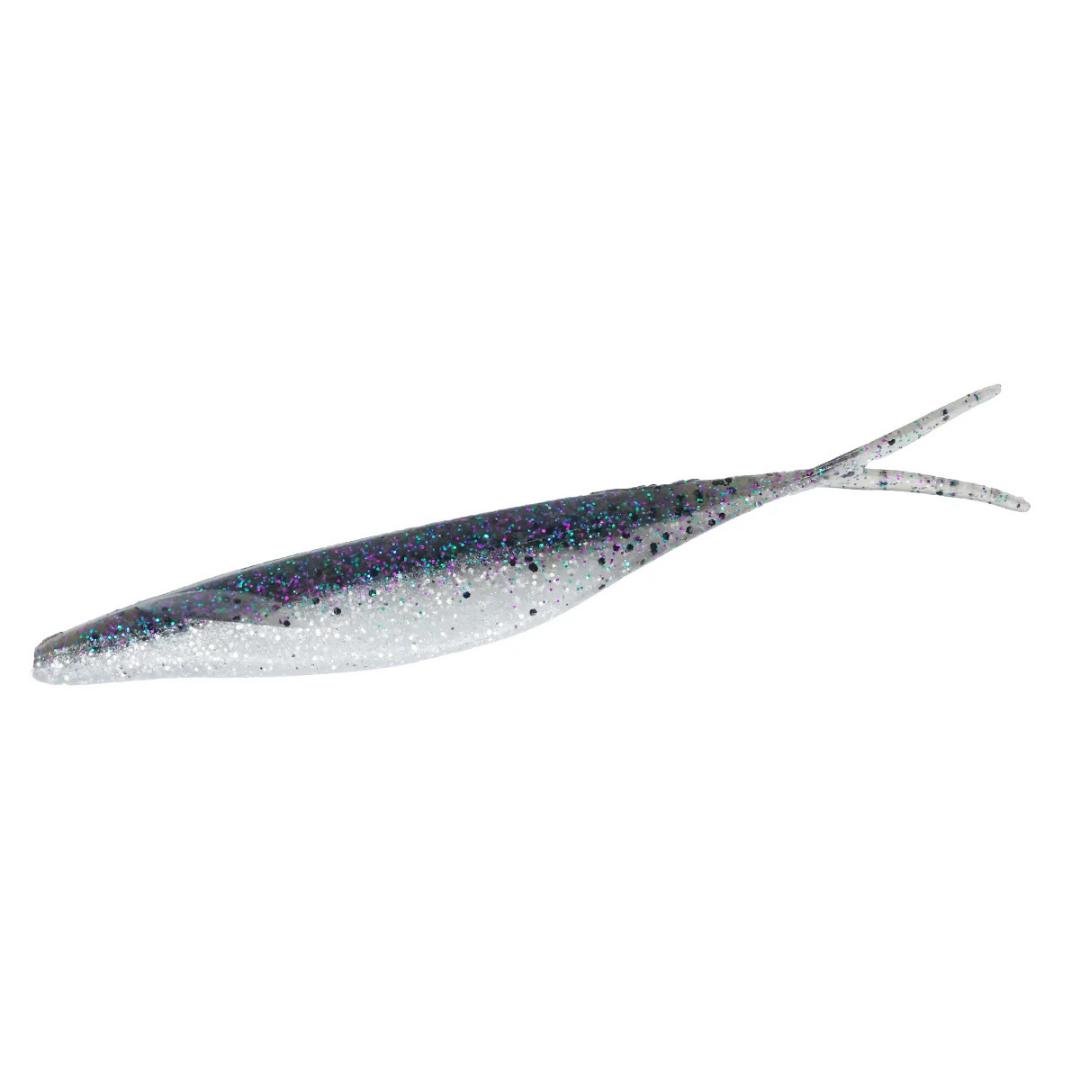 Deps Sakamata Shad 6" soft plastic fishing lure in silver and purple with black speckles, designed for freshwater fishing tackle and attracting musky and other game fish.