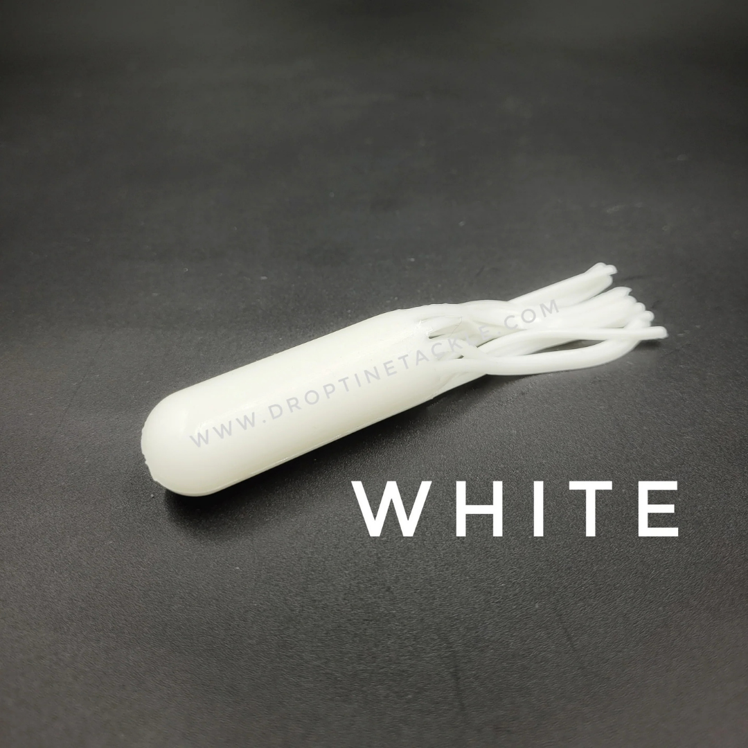 Drop Tine 4" Trout Tube - Fatty" fishing lure in white with soft flexible tentacles, designed for effective trout fishing and fishing tackle applications.