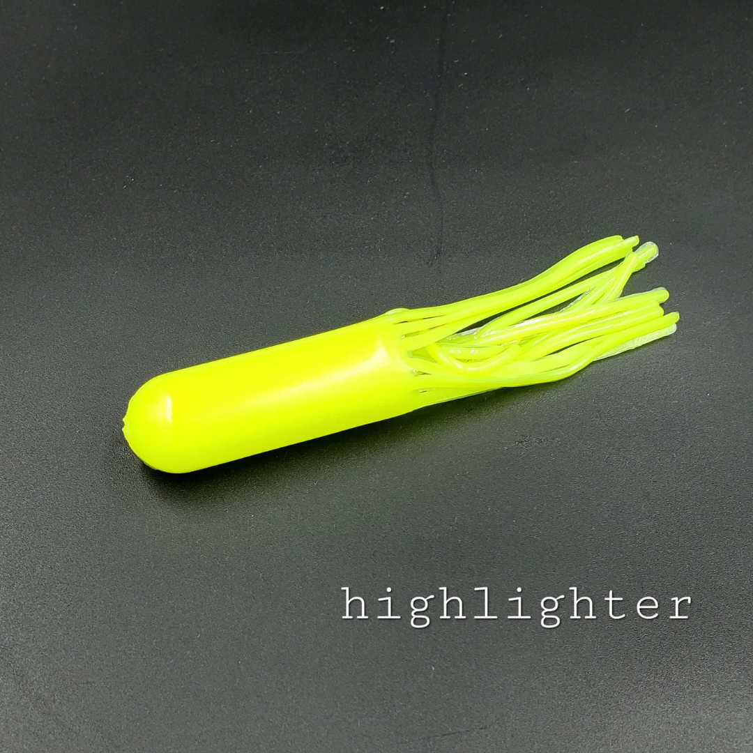 Drop Tine 4" Trout Tube - Standard fishing lure in bright highlighter yellow with multiple flexible trailing appendages for attracting fish.