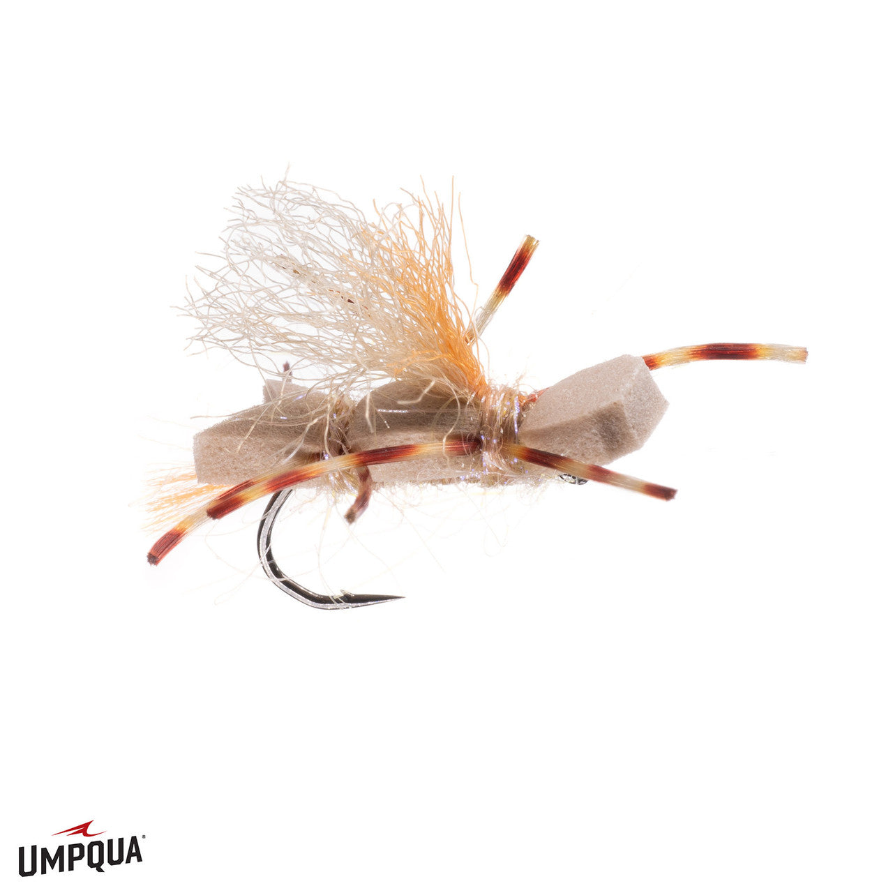 Stubby Chubby fly fishing lure with tan foam body, translucent synthetic fibers, and spotted rubber legs designed to imitate aquatic insects for musky and fly fishing.