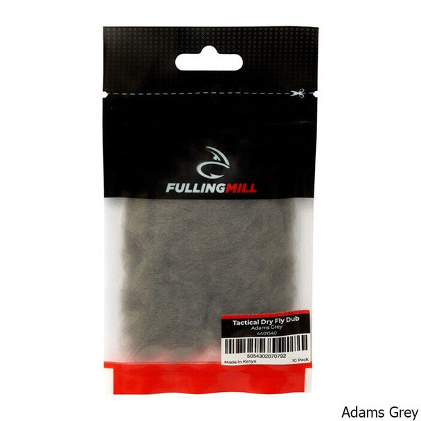 Clear resealable package containing Adams Grey FullingMill Tactical Dry Fly Dub fishing tying material with branding and product label visible.