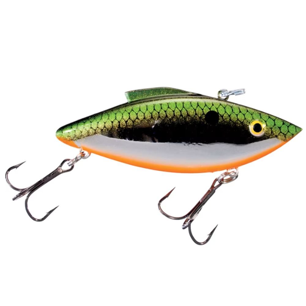 Bill Lewis Rat-L-Trap - Standard fishing lure with a green and black scaled body, realistic eye, and two treble hooks for effective fishing tackle use.