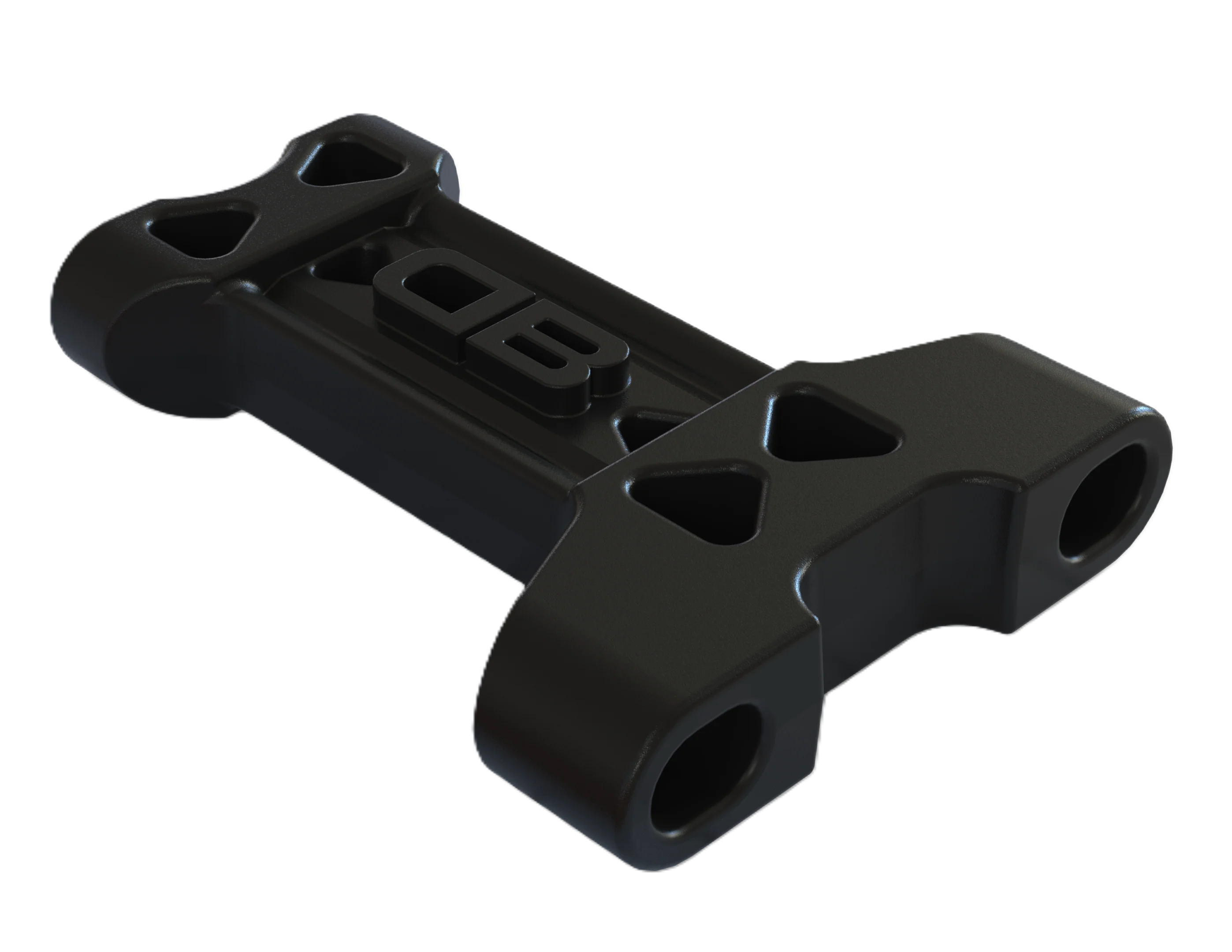Black durable plastic bracket with multiple mounting holes and raised logo, designed for securing and protecting boat transoms, called Beatdown Outdoors Transom Saver.
