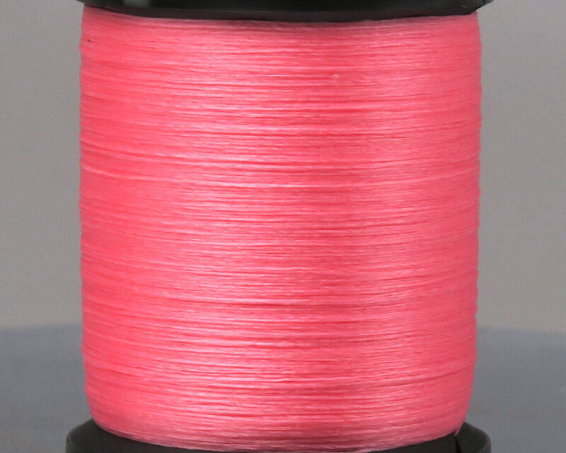 UNI 8/0 Thread spool in bright pink color, tightly wound and designed for use in custom fishing tackle and rod building applications.