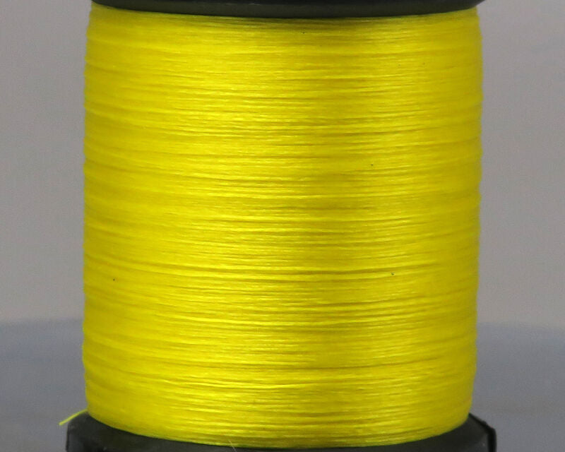 Close-up of bright yellow UNI 8/0 Thread spool used for custom fishing rods and tackle making, displayed against a neutral background.