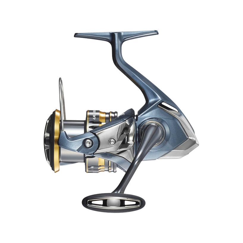 Shimano Ultegra CI4+ Spinning Reel in metallic blue and silver with gold accents, featuring ergonomic handle and durable construction designed for smooth fishing tackle performance.