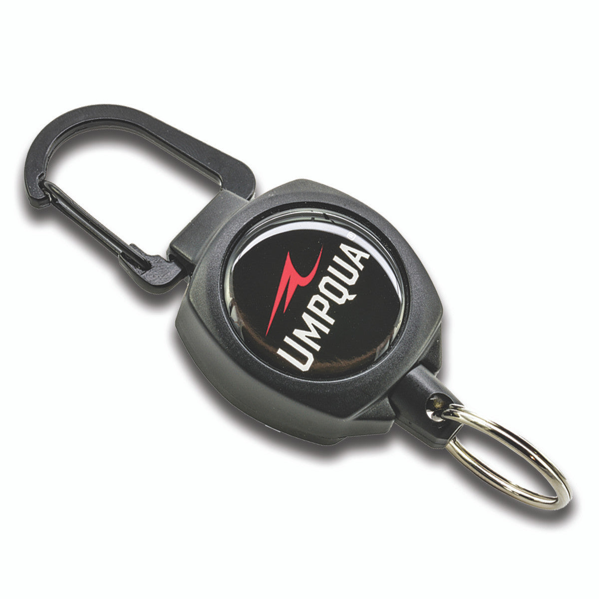 Black and gray Umpqua Carabiner Retractor featuring a red logo on a circular center, with a spring-loaded carabiner clip on one end and a metal keyring on the other for securing fishing tackle.