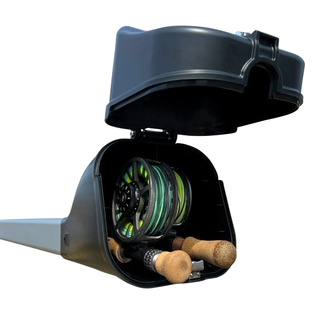 Trxstle CRC System V3.0 open black fishing rod case with fly reel and cork handle visible inside