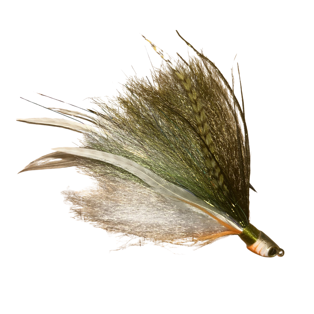 Close-up of a Dude Hair Jigs fishing lure featuring a mix of natural and synthetic fibers in brown, olive, and cream tones designed for fly fishing and musky tackle.