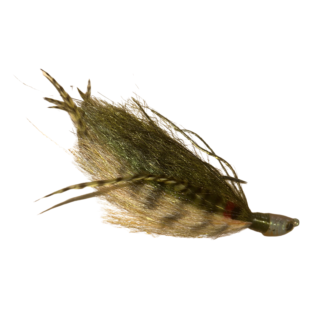 Close-up of a green and brown Dude Hair Jigs fishing lure with feather-like fibers and a small weighted head for use in fishing tackle.