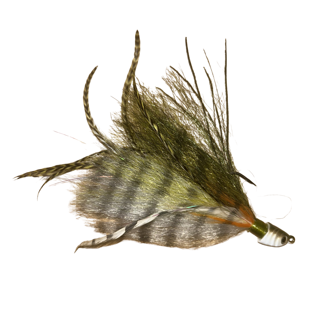 Dude Hair Jigs fishing lure featuring natural olive and brown feathers designed for musky fishing, with a detailed head and streamlined body for effective water movement.