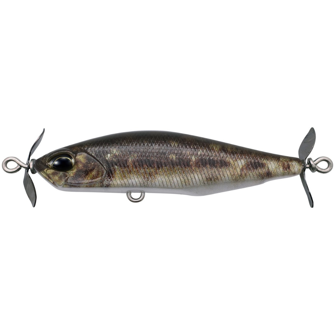Duo Realis SpinBait 62 Alpha fishing lure with realistic dark fish profile metallic scales and propeller blades at both ends for musky tackle