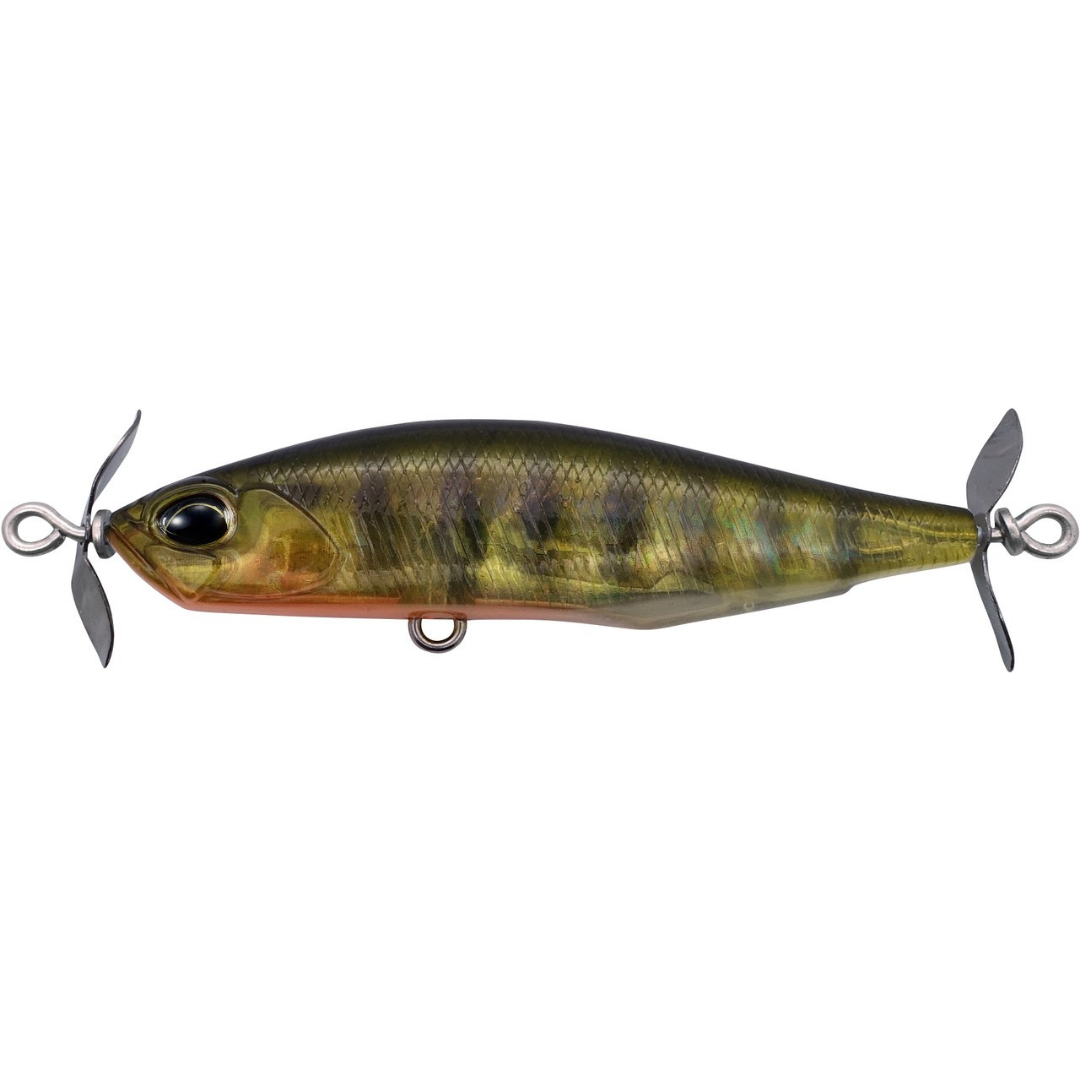 Duo Realis SpinBait 62 Alpha fishing lure with a realistic fish profile olive gold finish and twin propeller blades for freshwater fishing