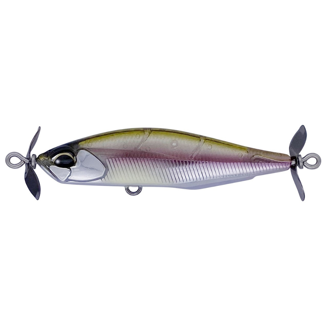 Duo Realis SpinBait 62 Alpha fishing lure with a translucent minnow profile and front and rear propellers for musky tackle.