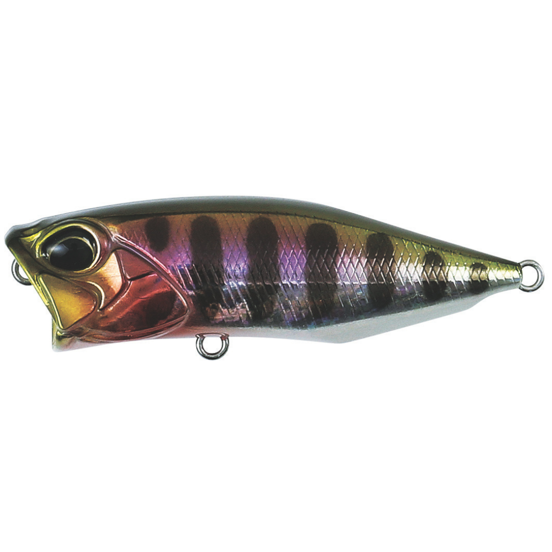 Duo Realis Popper 64 topwater fishing lure with realistic fish pattern and metal line tie and hook hangers for targeting musky and other game fish
