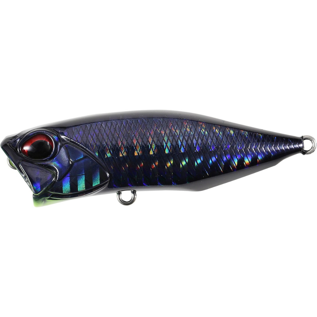 Duo Realis Popper 64 dark blue and black topwater fishing lure with holographic scale pattern and treble hook attachment rings on white background