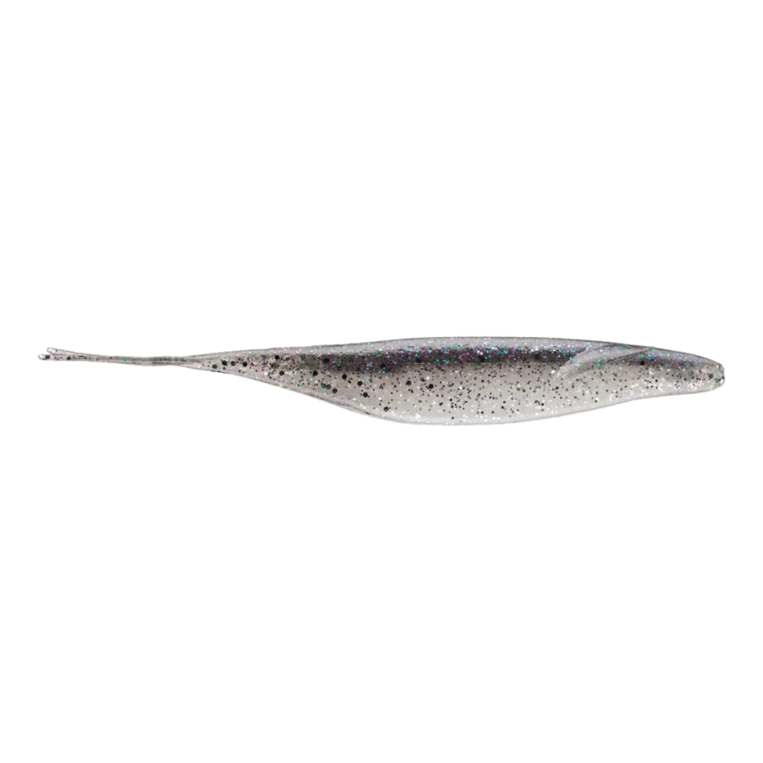 Deps Sakamata Shad 4" soft plastic fishing lure with a slender shad profile and silver speckled finish for musky fishing tackle