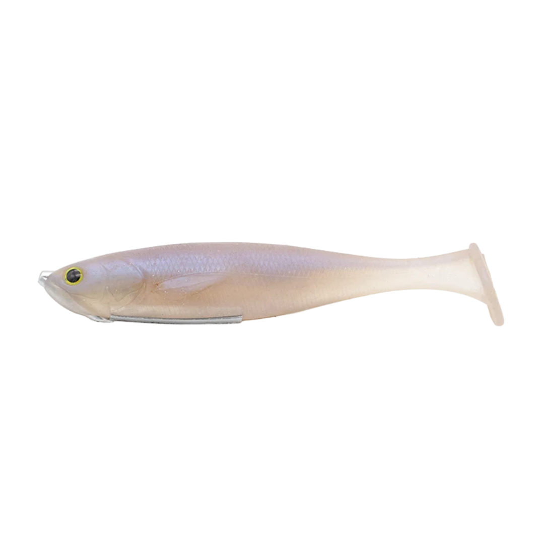 GeeCrack Crackdown 6" soft plastic paddle tail fishing lure in a natural pearl color with lifelike details for musky fishing tackle and casting presentations