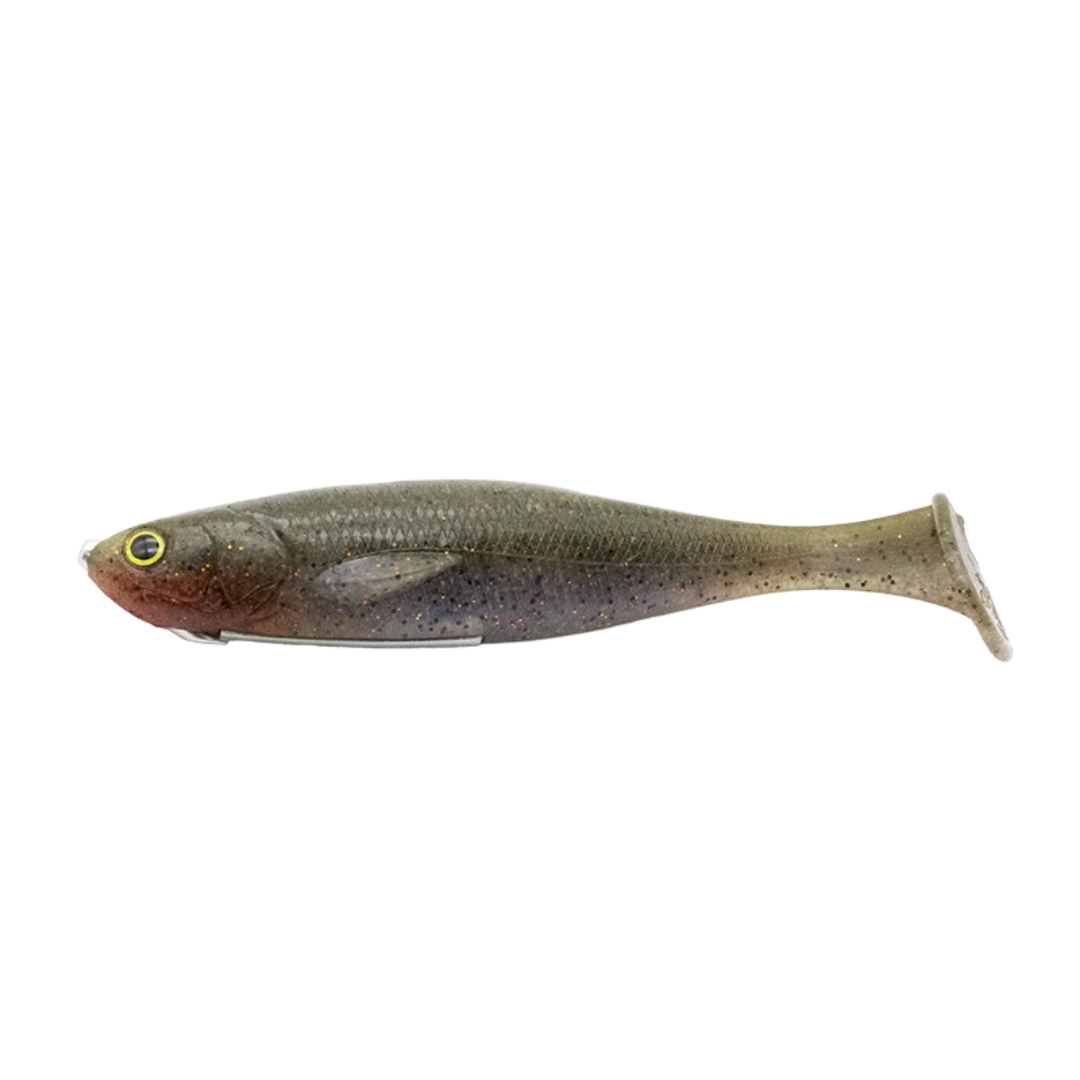 GeeCrack Crackdown 6" soft plastic fishing lure in gray and olive with a fish profile and paddle tail for musky fishing tackle