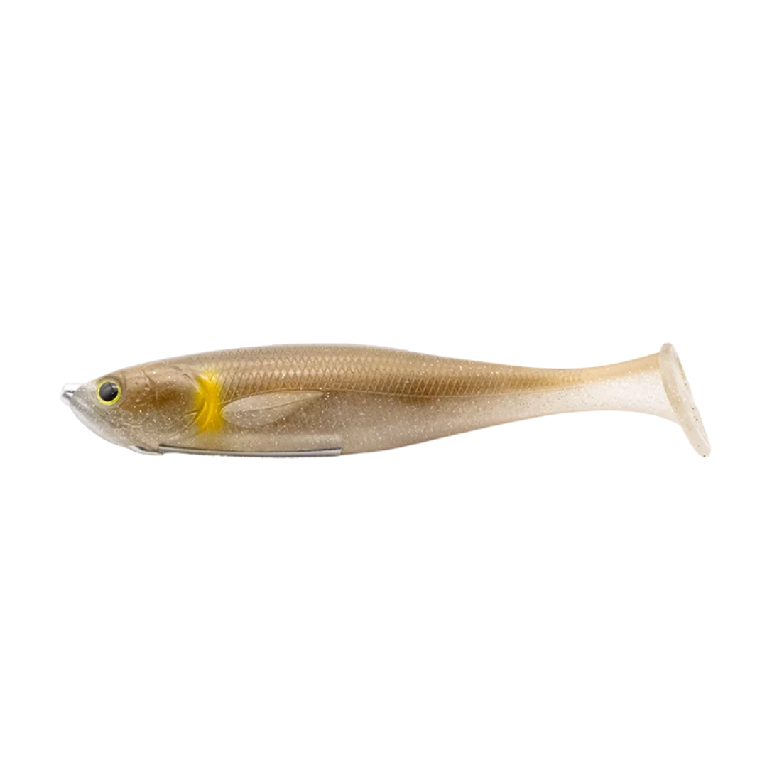 GeeCrack Crackdown 6" soft plastic fishing lure with a shad profile translucent body yellow accent eye and paddle tail for musky fishing tackle
