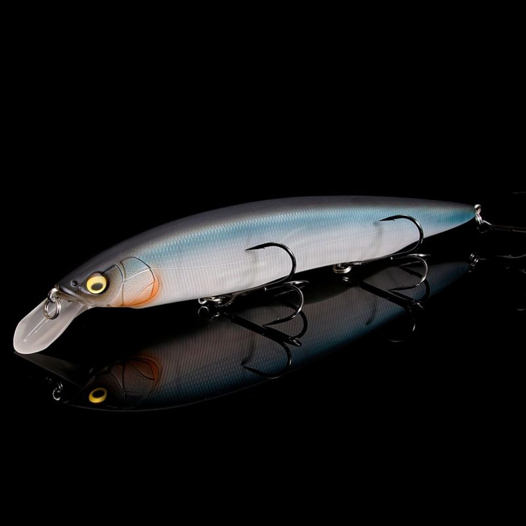 Megabass Kanata fishing lure with a silver blue body realistic eye diving bill and treble hooks displayed against a black background