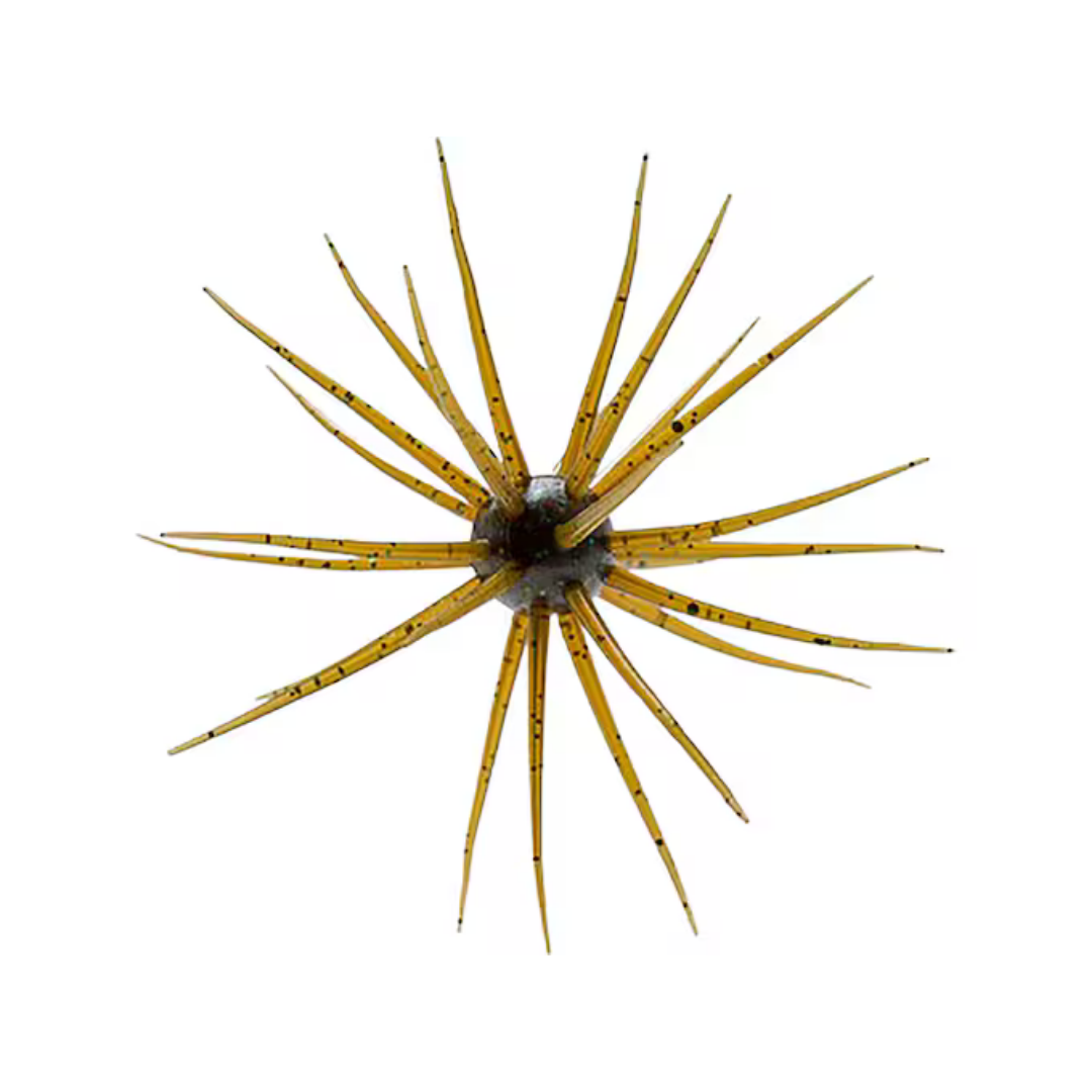 Hideup Coike 13mm fishing lure with yellow and black coloring and multiple flexible appendages for musky fishing tackle and precise underwater action