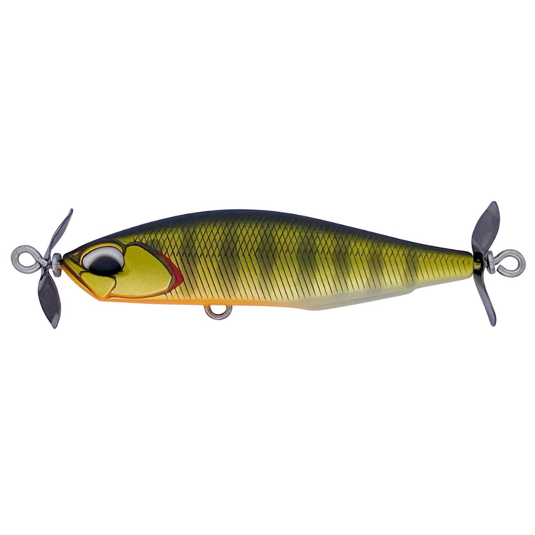 Duo Realis SpinBait 62 Alpha green and yellow fishing lure with scale pattern and propeller blades at both ends for musky fishing tackle