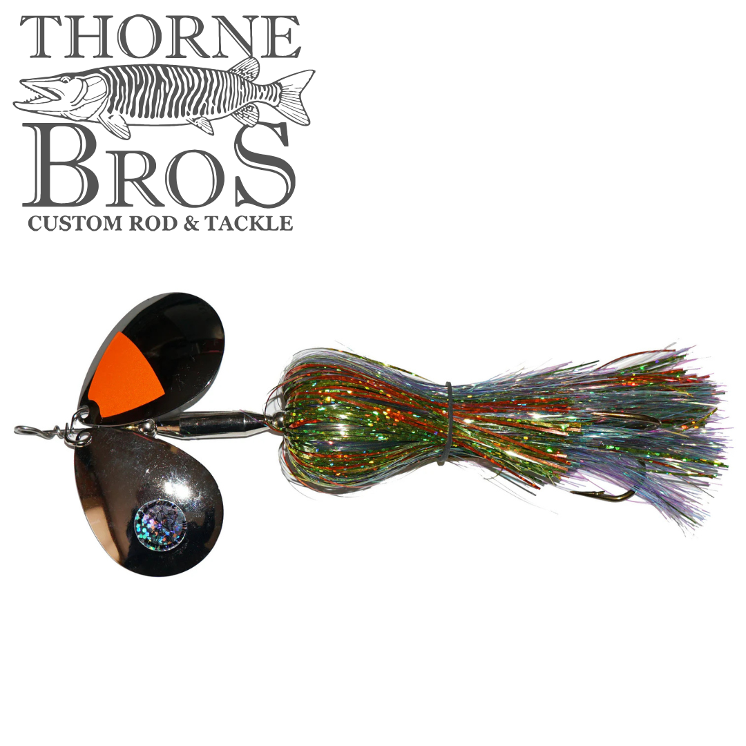 Musky Mayhem Double Showgirl fishing lure with dual reflective spinner blades and a colorful, shiny skirt designed to attract musky fish.