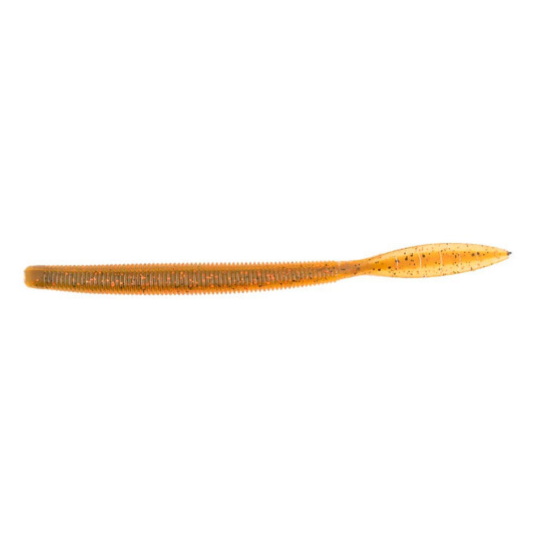 Missile Baits Quiver fishing lure in translucent orange with black speckles, featuring a ribbed body and paddle tail for lifelike movement in water.