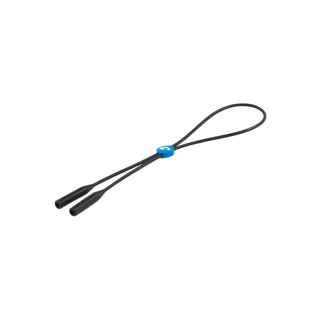 Costa Retainer black sunglasses strap with blue adjustable slider and rubber end loops for secure eyewear during fishing and outdoor activities