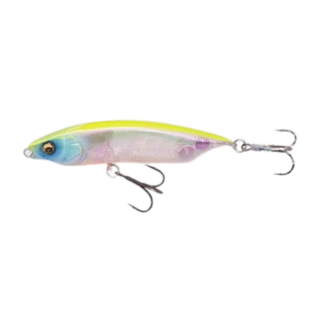 Megabass Karashi 80 fishing lure with a slender, minnow-shaped body in translucent blue, yellow, and purple tones, equipped with two sharp treble hooks for effective fishing tackle.