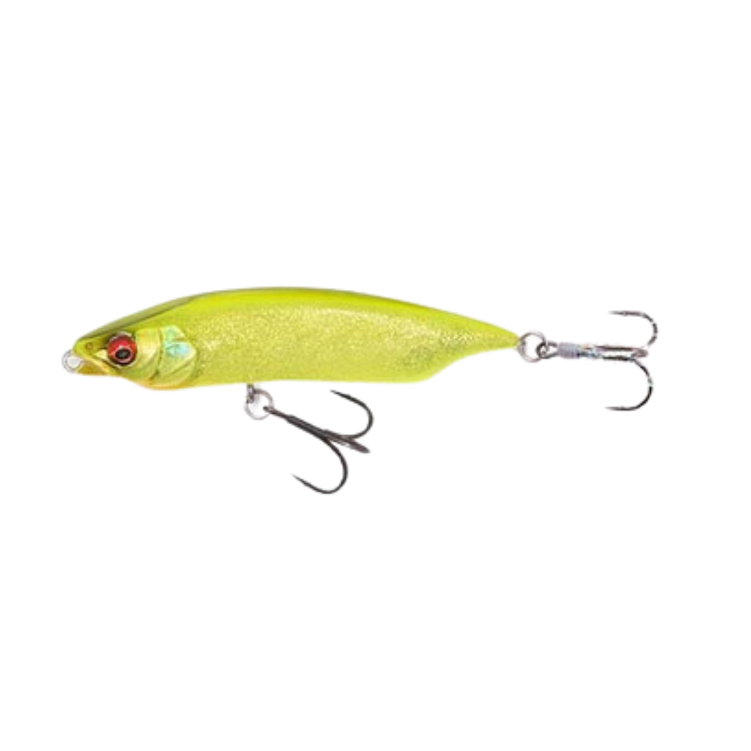 Megabass Karashi 80 fishing lure in bright chartreuse with two sharp treble hooks, designed for freshwater fishing and musky tackle enthusiasts.