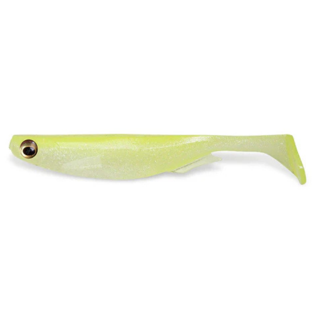 Megabass Spark Shad USA fishing lure in translucent yellow with realistic eyes and paddle tail, designed for effective freshwater fishing tackle.
