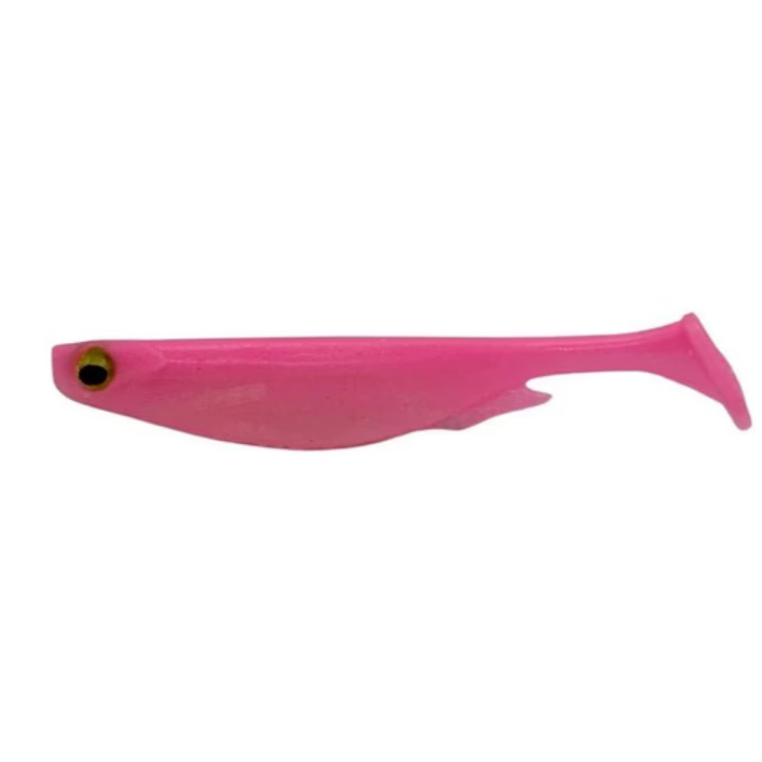 Megabass Spark Shad USA soft plastic fishing lure in bright pink with realistic eye detail, designed for attracting musky and other game fish.