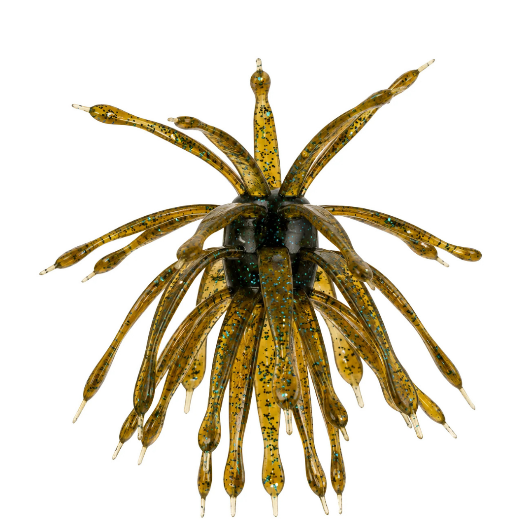 Top view of the 6th Sense Abstract fishing lure with multiple flexible appendages in olive green and black speckled pattern designed for fishing tackle use.