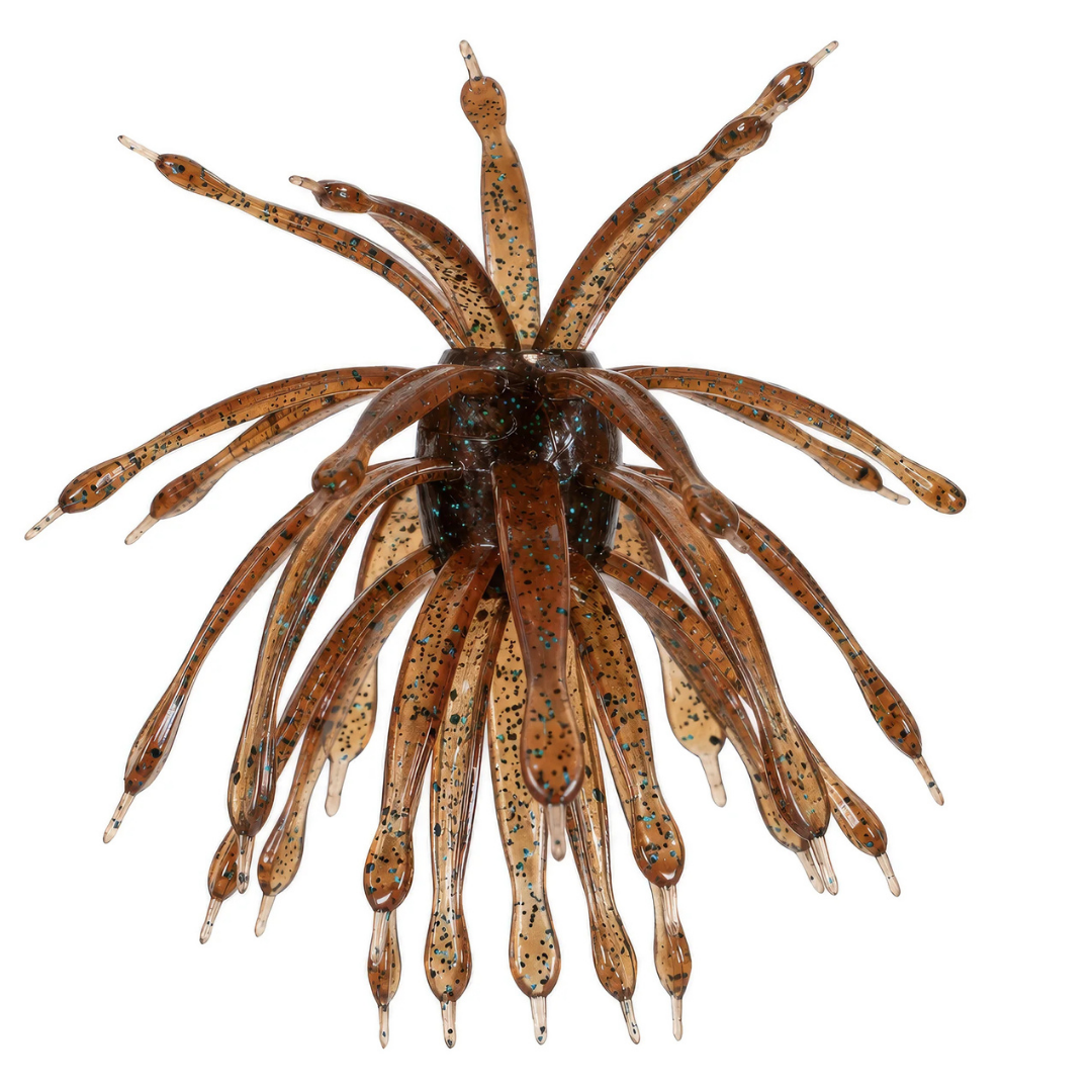 Brown and speckled soft plastic fishing lure with multiple elongated appendages designed to mimic natural prey, shown from above, labeled 6th Sense Abstract.