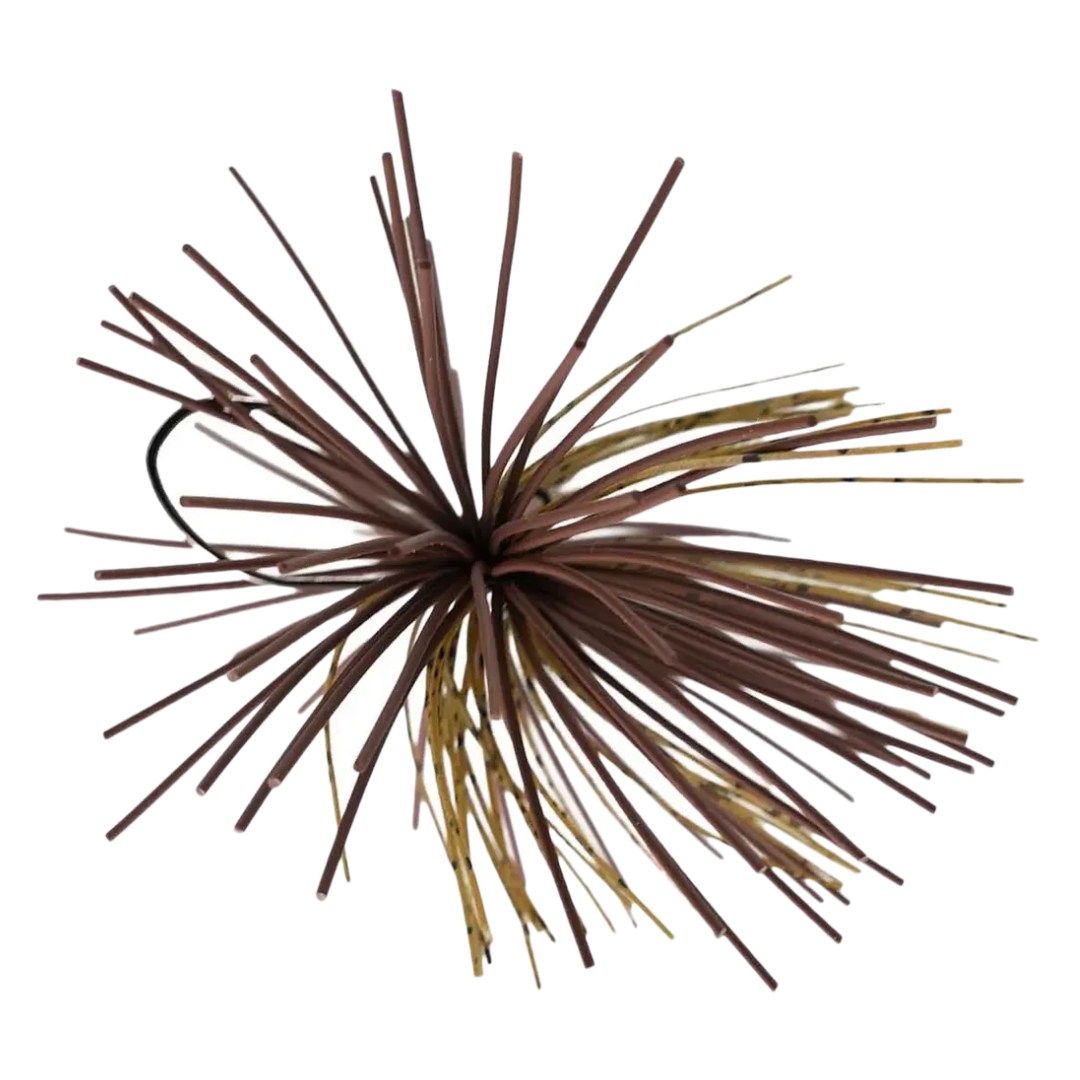 Close-up of a brown and tan fishing lure with multiple thin, flexible strands and a single sharp hook, designed as the Missile Baits Dice Jig for fishing tackle.