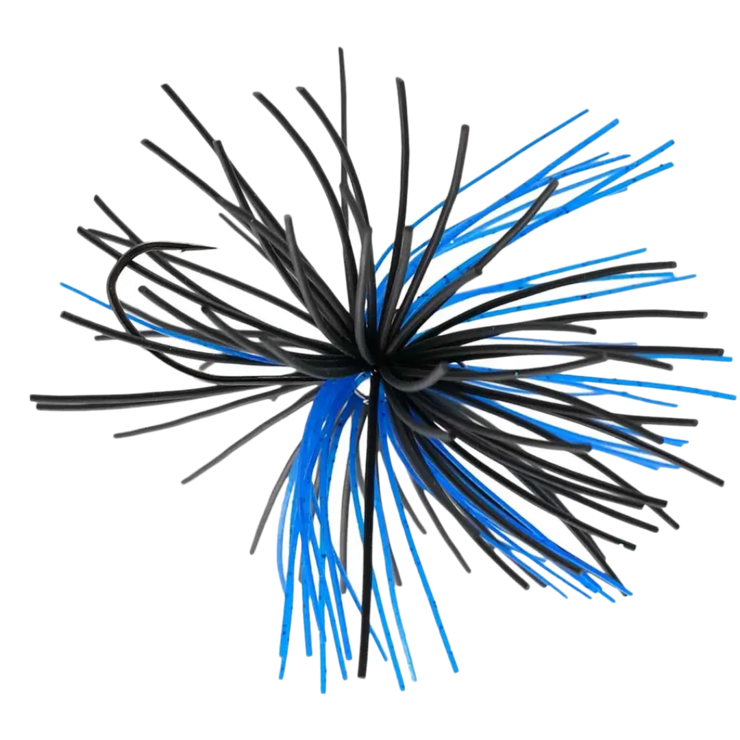 Missile Baits Dice Jig featuring a detailed skirt of black and blue strands designed for effective fishing tackle use in musky and ice fishing.