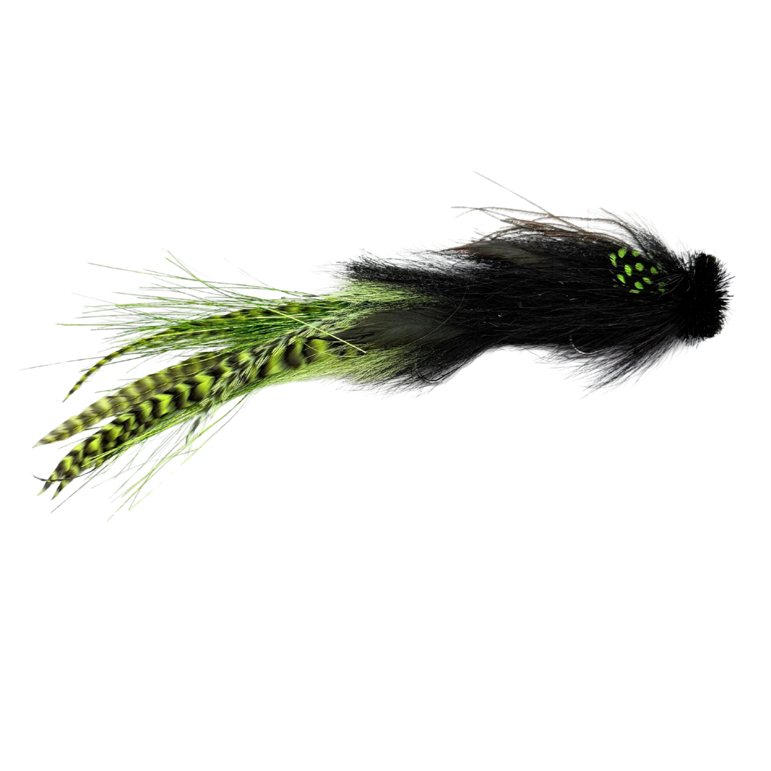 Double Buford Urban Fly Co. fishing lure featuring black and green feathers with spotted and striped patterns designed for fly fishing tackle.