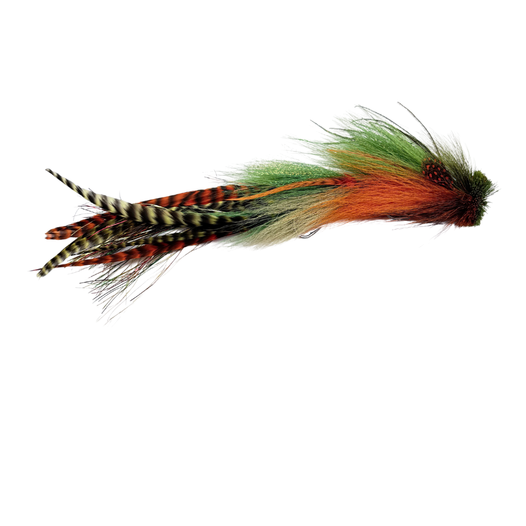 Double Buford Urban Fly Co. fishing lure featuring detailed green, orange, and black feathers designed for fly fishing and fishing tackle enthusiasts.