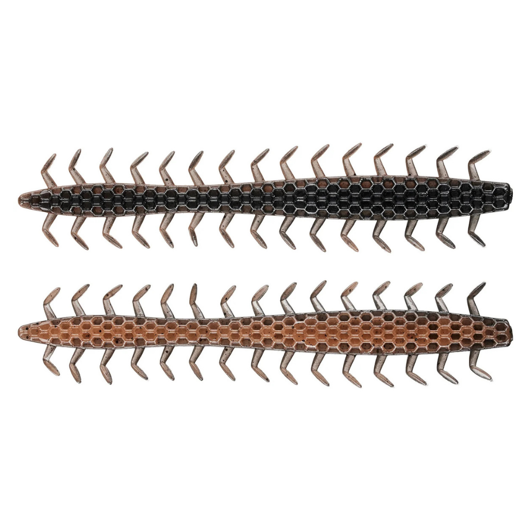Netbaits Hextek 5" Dirty 30 soft plastic fishing lures in black and brown with segmented bodies and numerous appendages for musky tackle