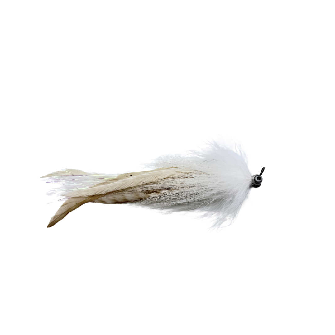 White and beige feather fishing lure with a black head detail, designed for musky fishing, Single River Pig Urban Fly Co. specialty fishing tackle.